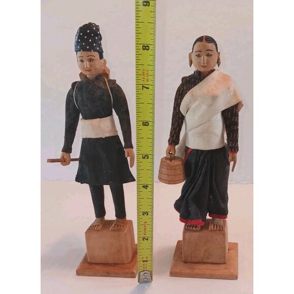 2 Handmade Tibetan Wooden Doll Indigenous Peoples Man Women 8" - Picture 12 of 13